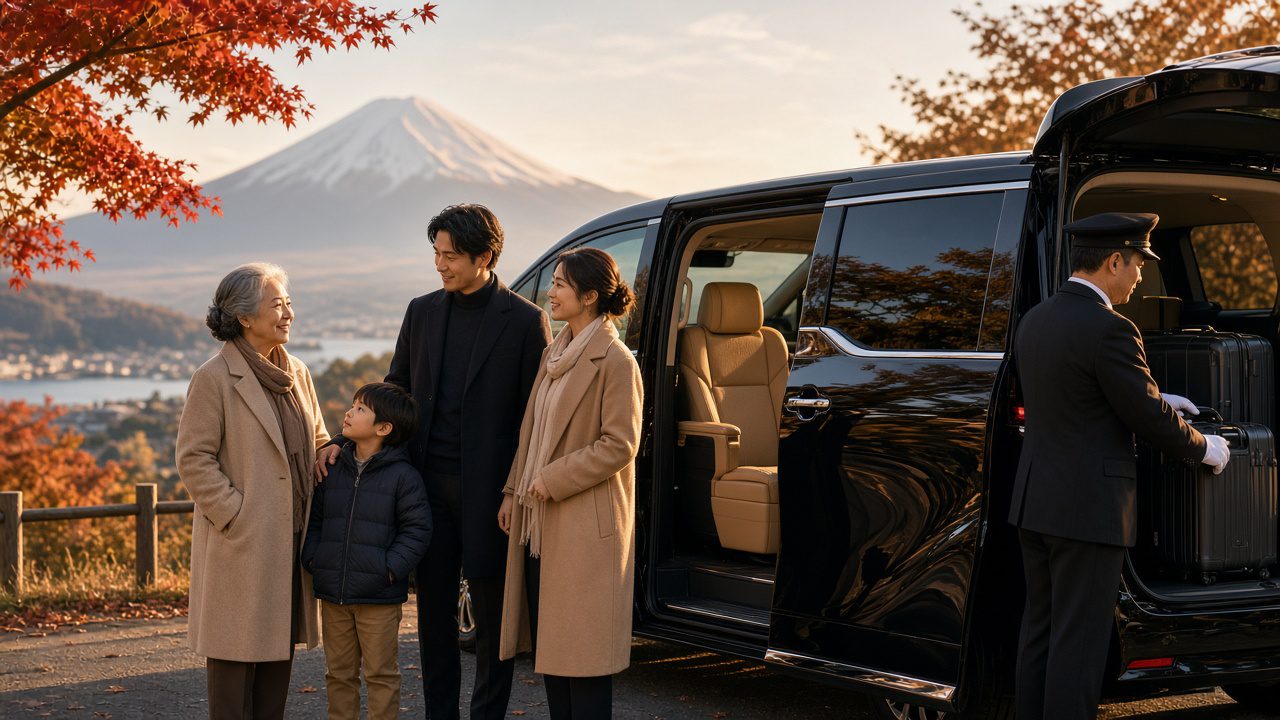 日本包車家庭搭乘 Alphard 富士山旅遊情境示意圖