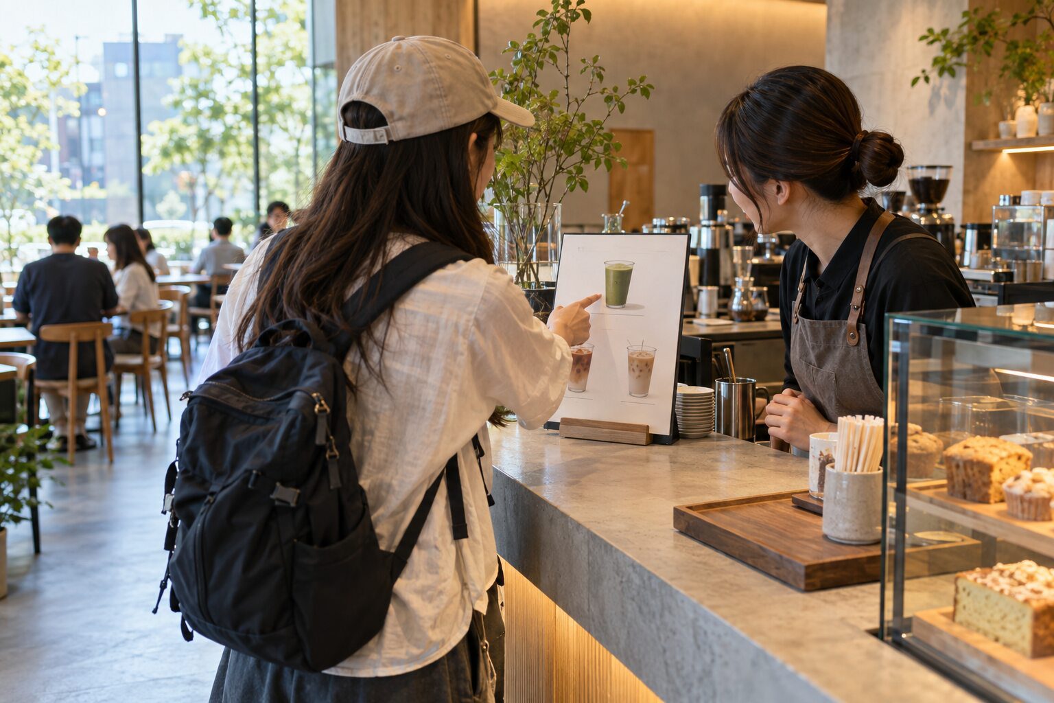 旅客在咖啡店詢問飲品客製化情境示意圖