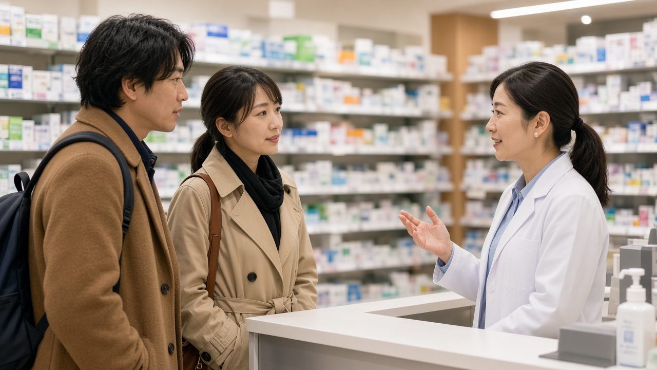 旅客在日本藥妝店櫃檯向藥劑師詢問用藥