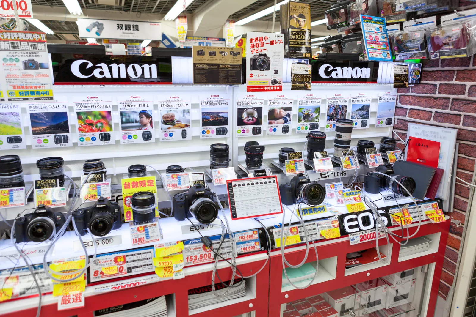 日本電器行陳列的 Canon 單眼相機與鏡頭展示櫃