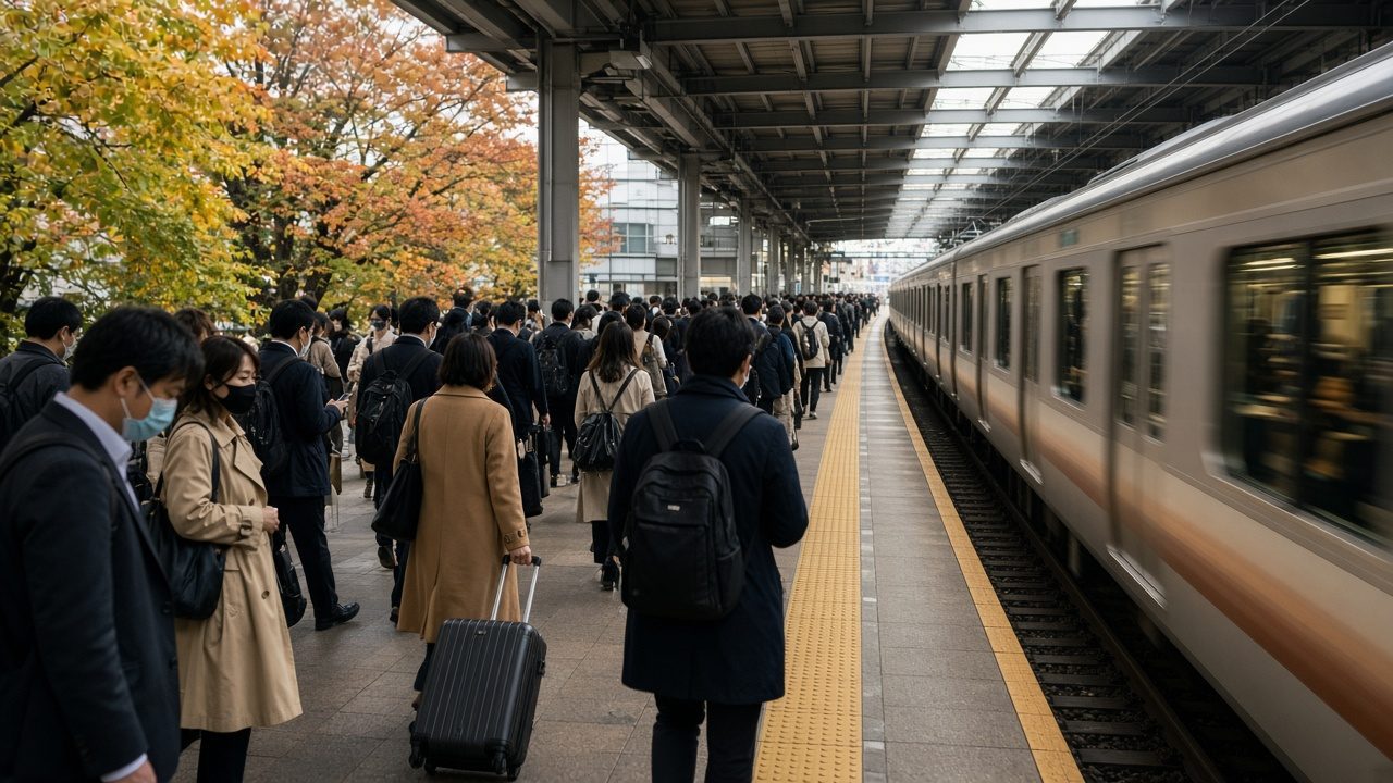 日本尖峰時段擁擠的車站月台與排隊人潮