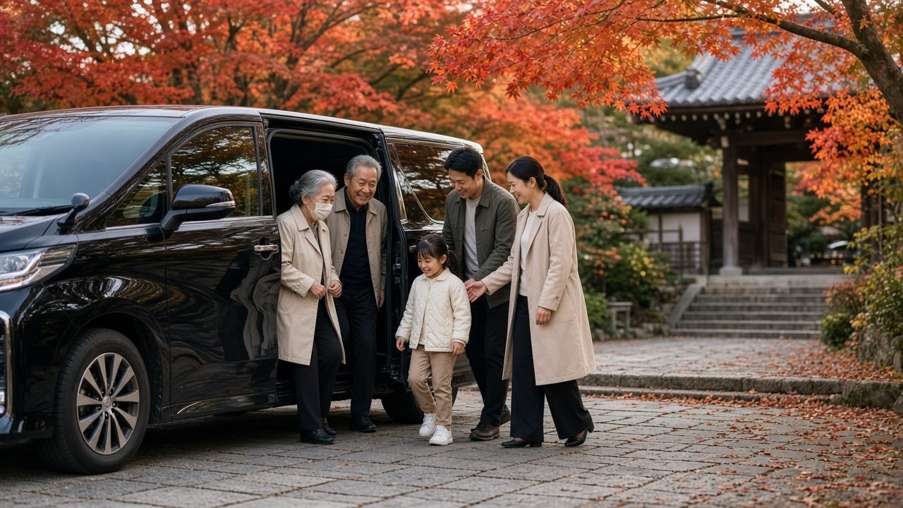 日本流感季秋季家族包車：三代同堂從黑色包車下車前往紅葉寺院
