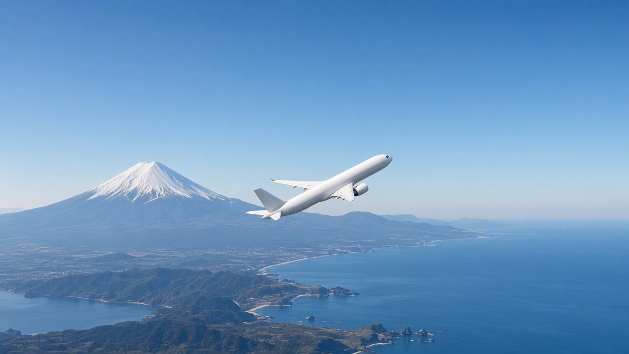 飛機飛越日本海岸線的情境示意