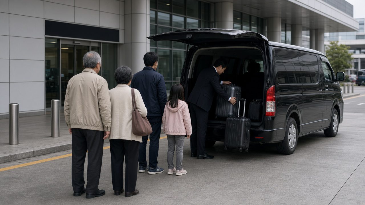 包車司機在日本機場接送家庭旅客的情境示意