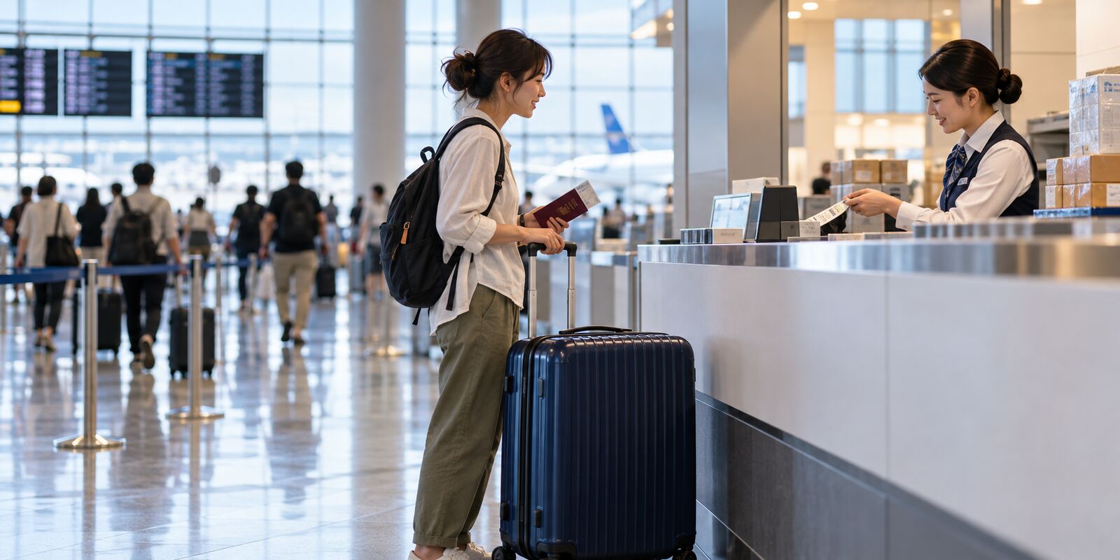 旅客在日本機場行李服務櫃台辦理手續的情境示意