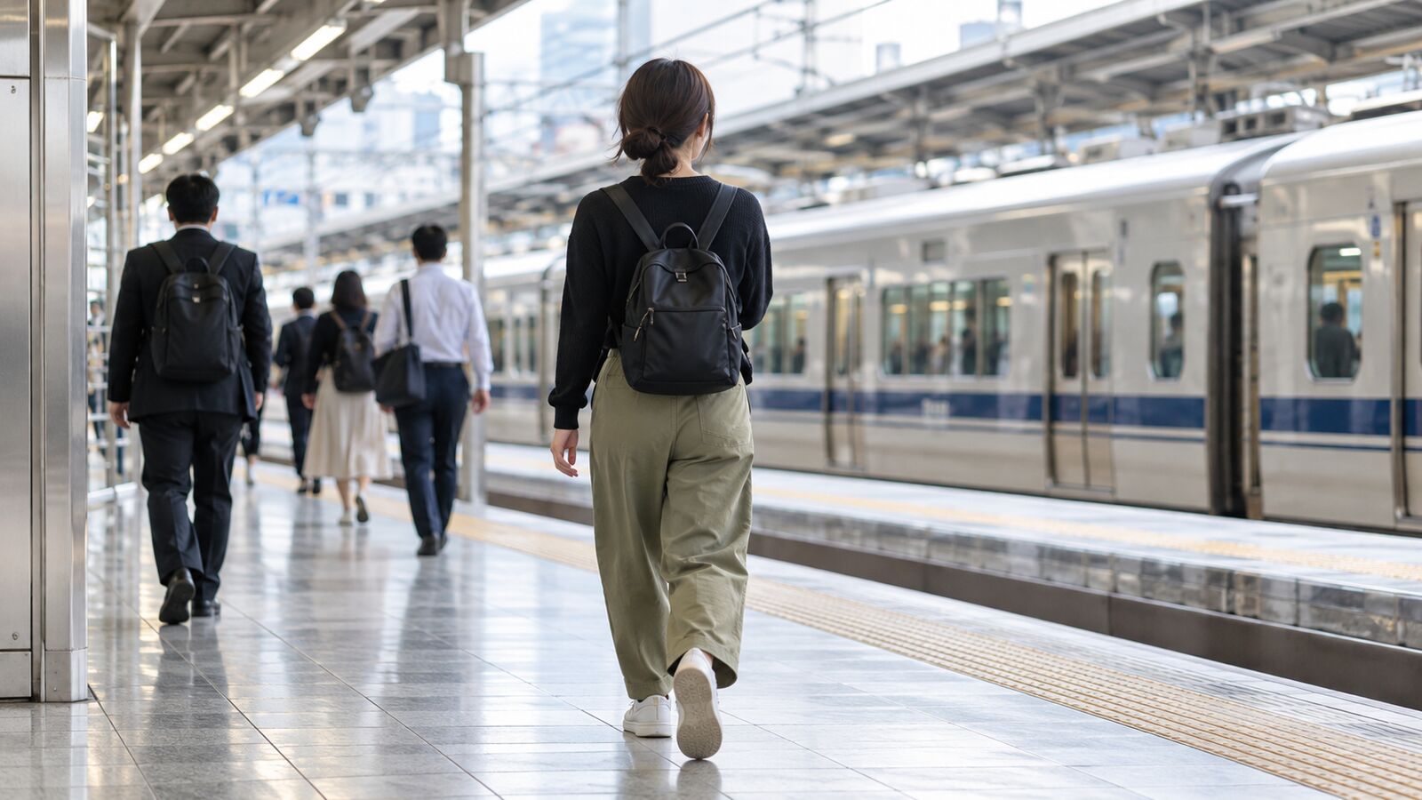 旅客背著隨身包在日本車站步行的情境示意