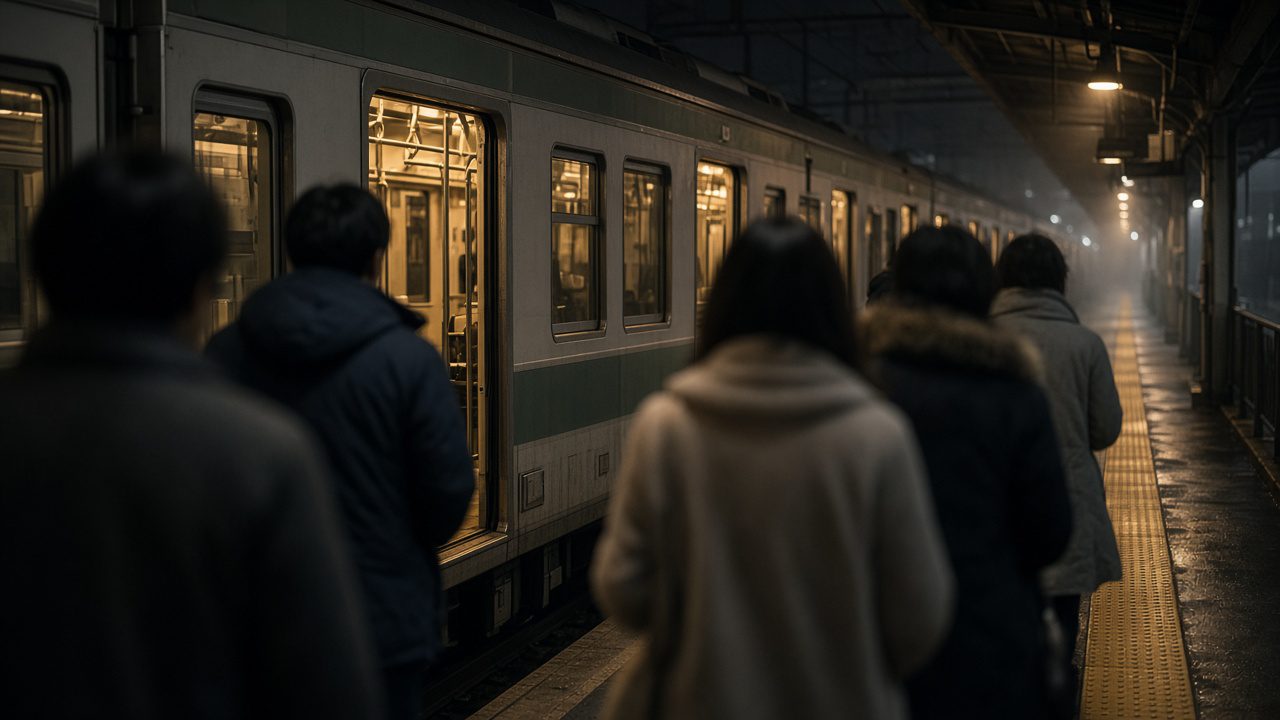 跨年深夜的電車月台，穿著大衣的旅客準備上車