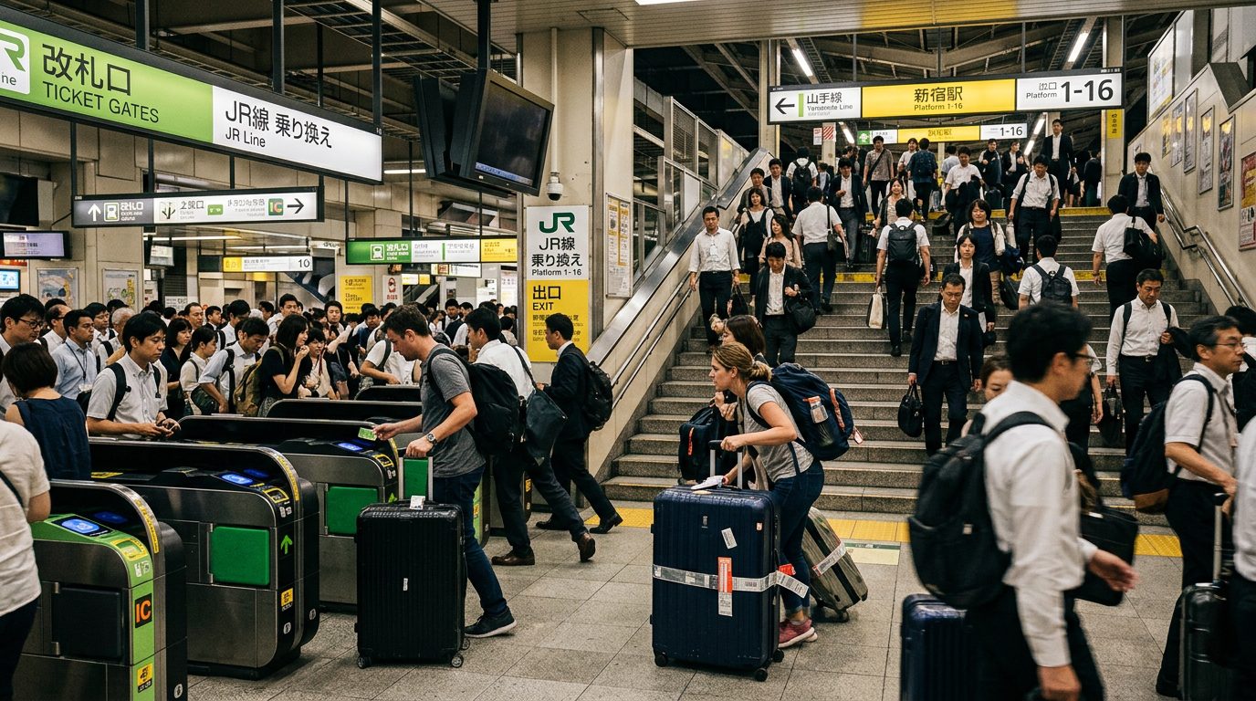 日本大眾交通車站轉乘拖大件行李與人潮情境示意