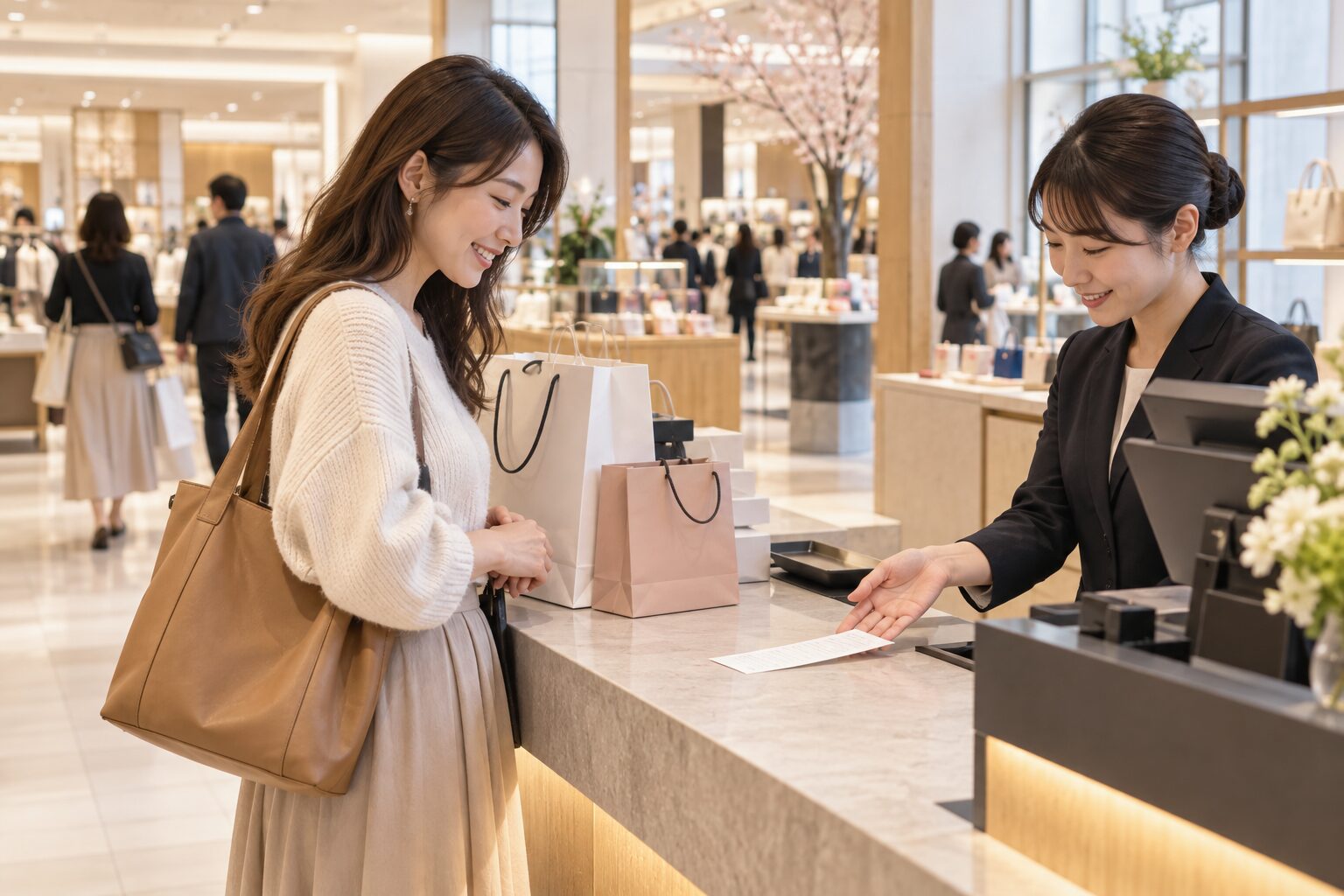 日本商店購物結帳情境示意圖
