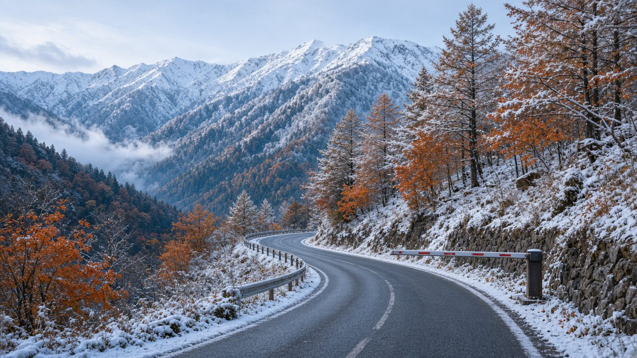 初冬日本山岳道路，殘留紅葉與初雪，路旁封路柵欄