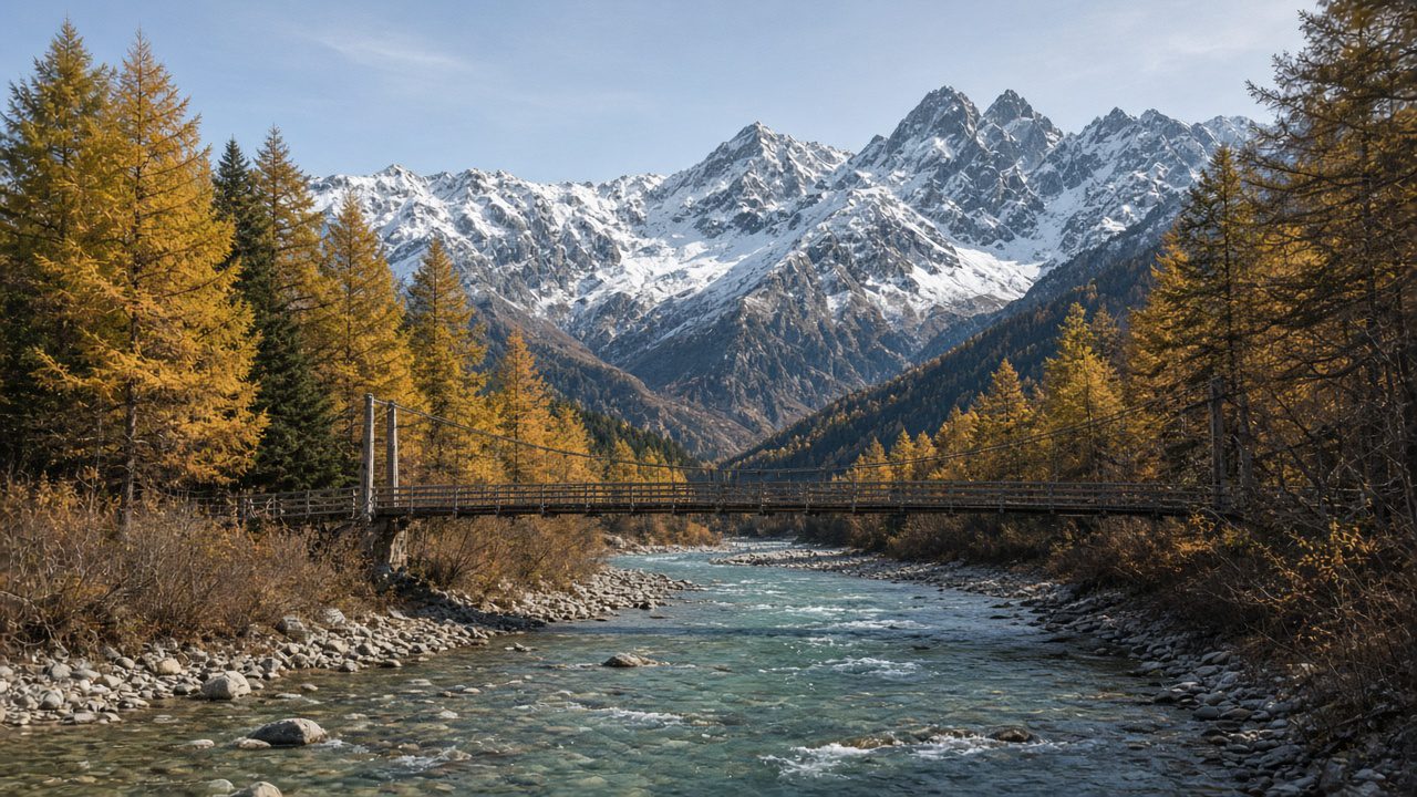 深秋晚期北阿爾卑斯山谷，金黃落葉松與雪頂山峰下的吊橋溪流