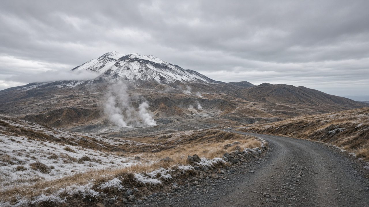 東北火山高原初冬結霜草地與冒煙噴氣孔，山頂初雪