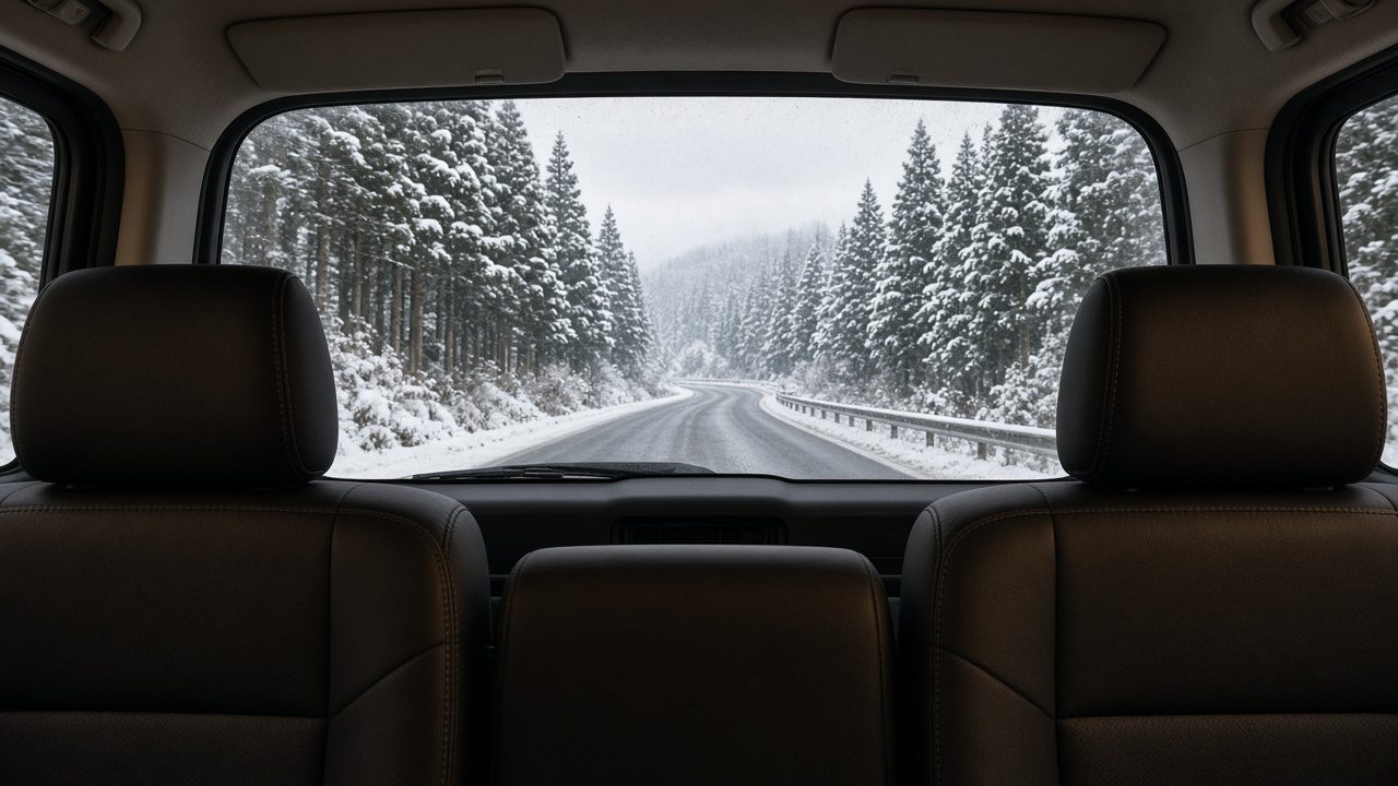 包車車內望向初冬積雪杉林山路