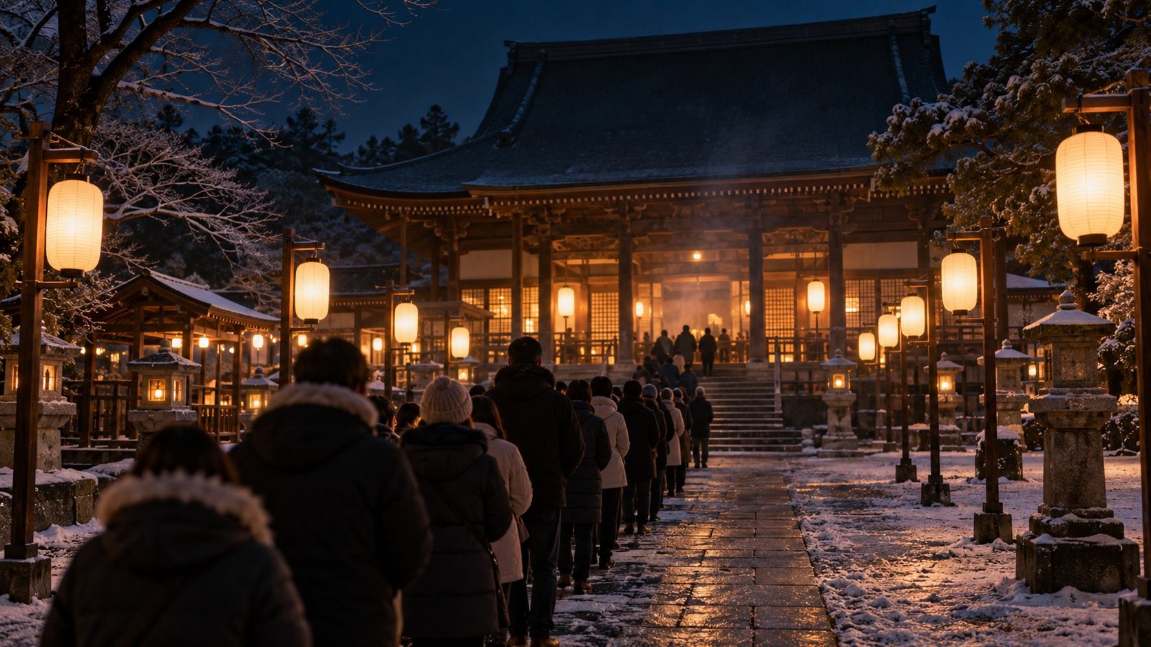 除夕夜身穿冬衣的參拜者沿著燈籠石板參道排隊等候敲鐘