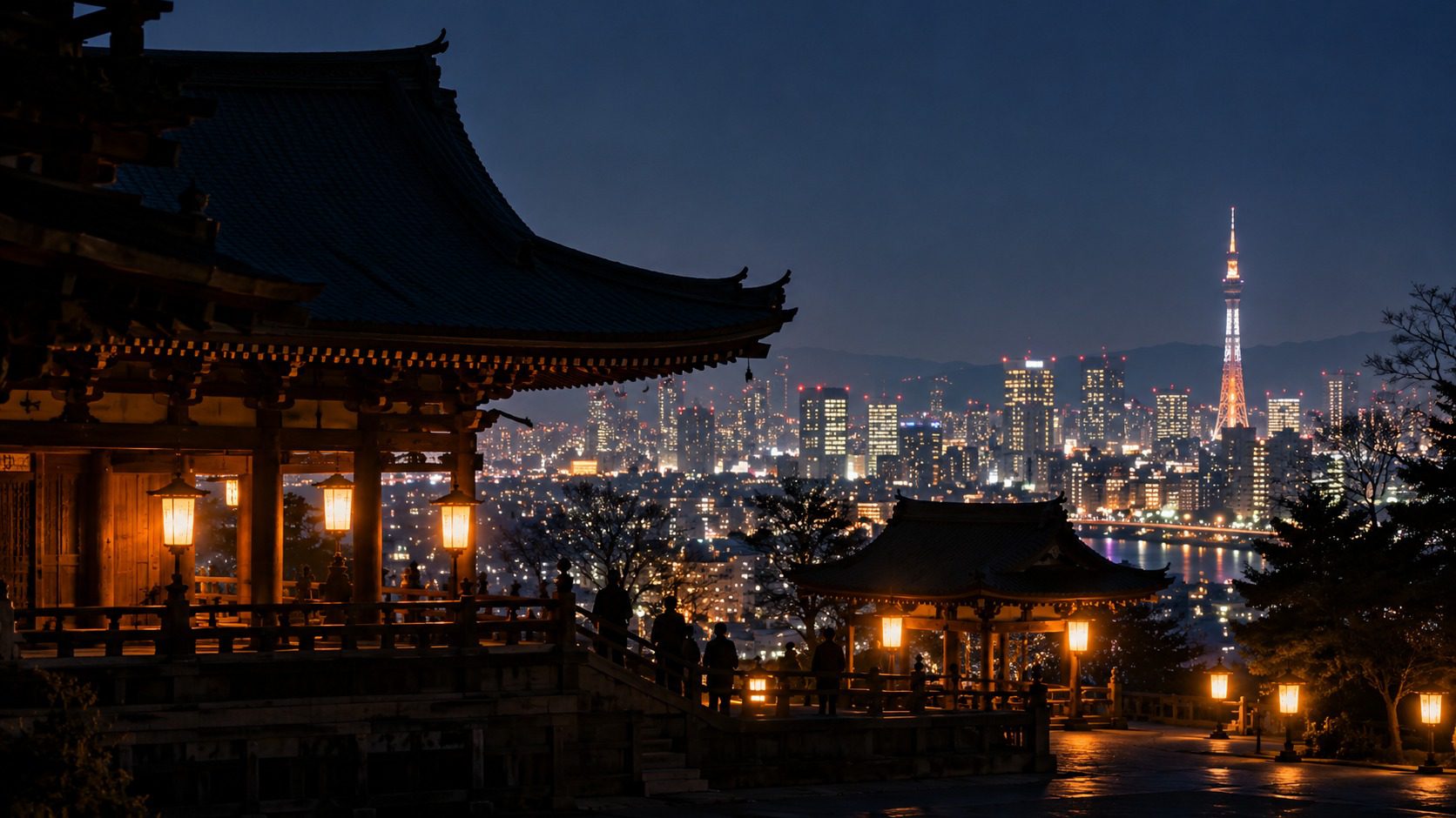 跨年冬夜的寺院屋簷剪影，遠方是東京城市夜景與鐵塔燈光
