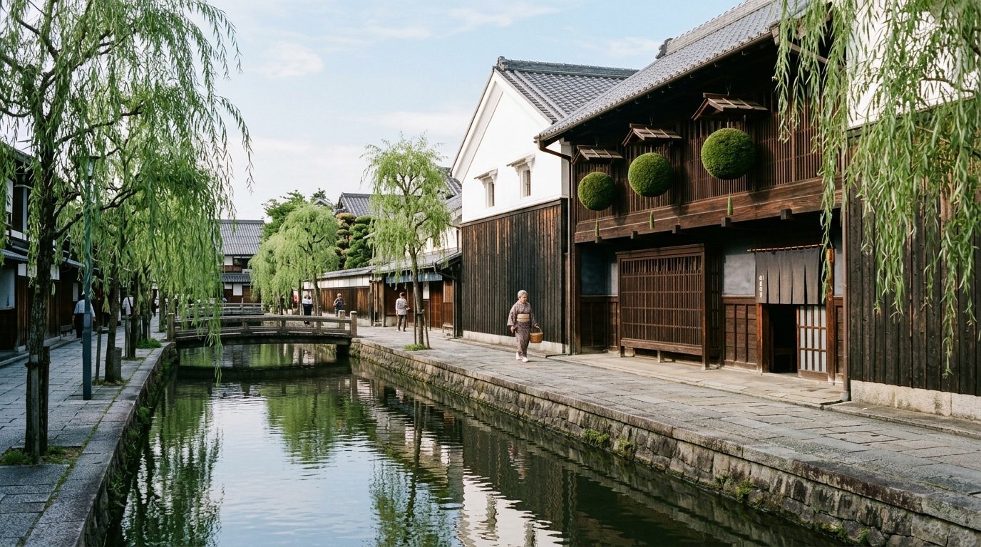 京都伏見水岸柳樹與白壁木造酒藏街景情境示意圖
