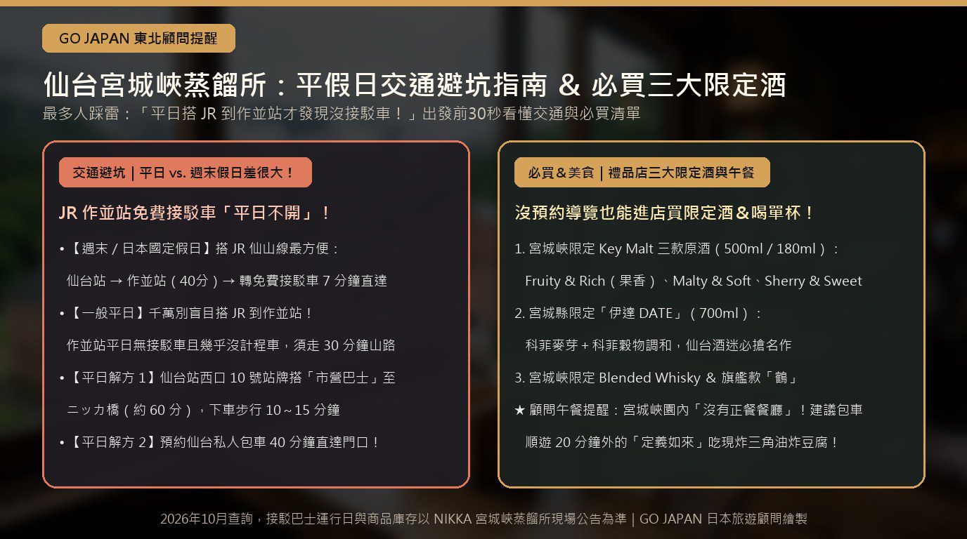 仙台NIKKA宮城峽蒸餾所平日與假日作並站接駁車差異及必買限定威士忌指南圖解（情境示意圖）