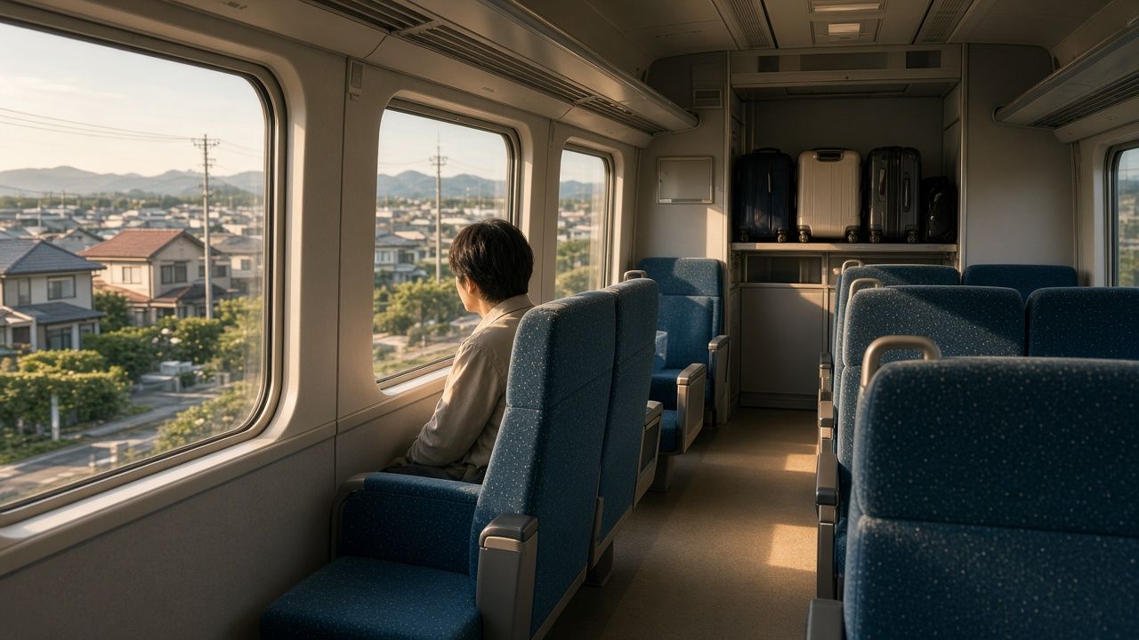 旅客坐在特急列車座位上看向車窗,行李放在車廂架上,情境示意