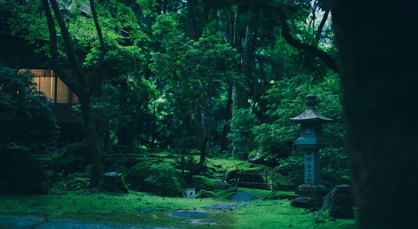 奈良春日奧山 月日亭 苔庭與石燈籠