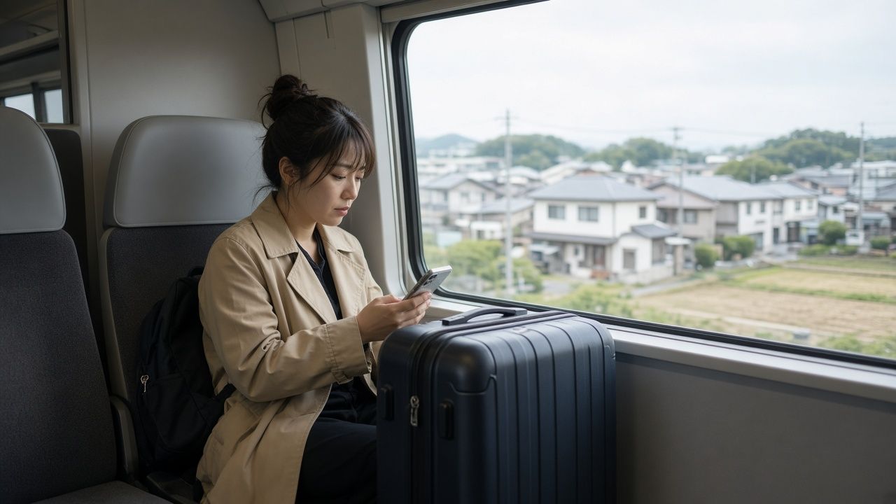 旅客坐在列車靠窗座位看手機,旁邊放著大行李箱,情境示意