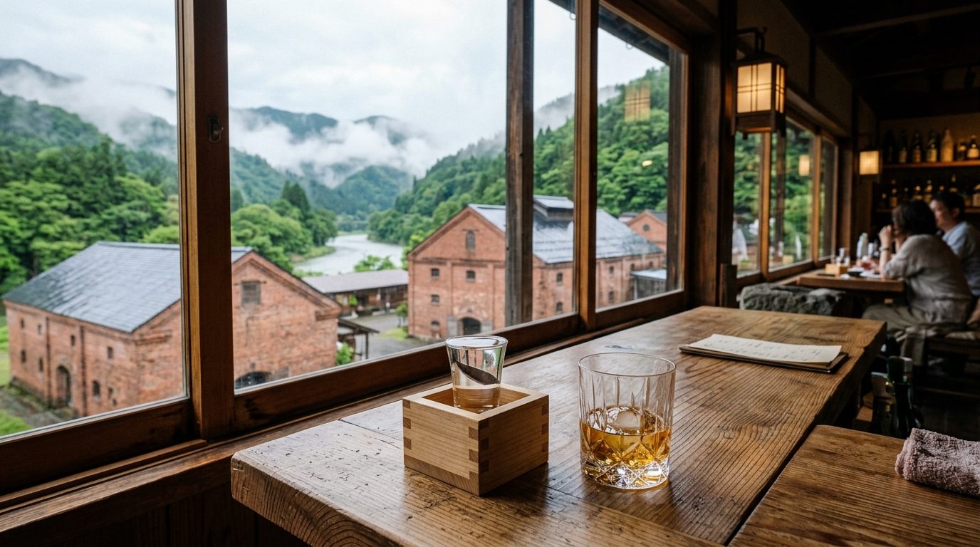 東北山谷紅磚蒸餾所建築與木枡清酒及威士忌品飲情境示意圖
