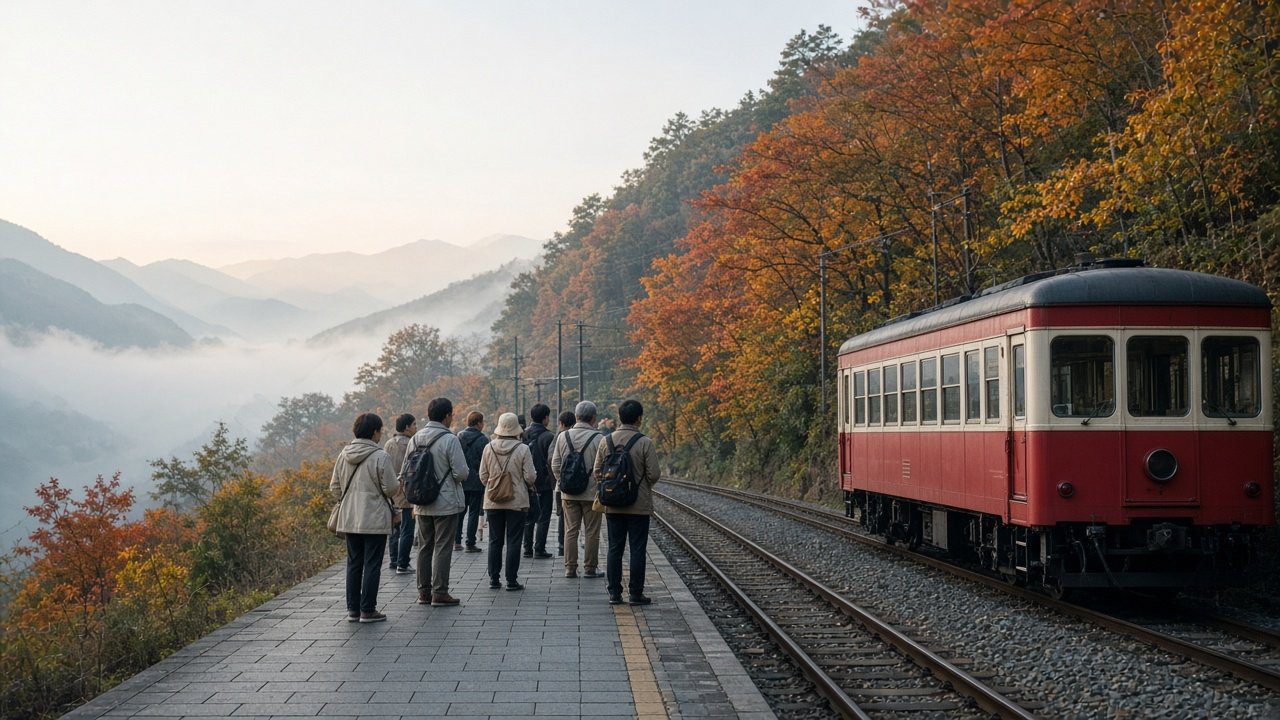 情境示意圖：山間小站月台候車