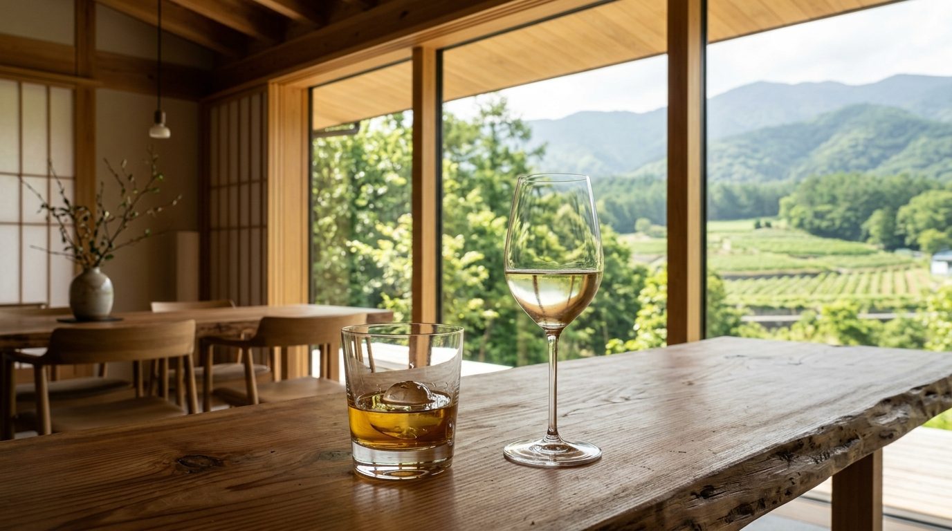 山梨森林木質品酒空間與威士忌及甲州白葡萄酒杯情境示意圖