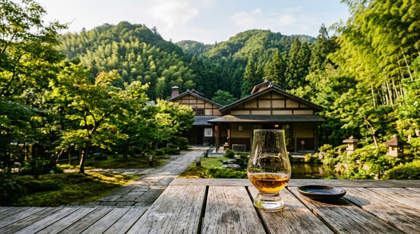 京都郊外竹林山麓下的日本威士忌蒸餾所與木桌上的威士忌聞香杯情境示意圖