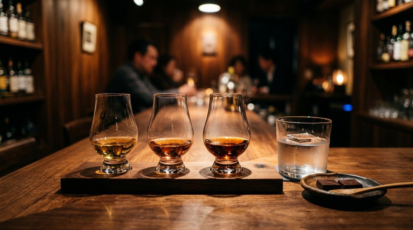 威士忌品飲吧木質吧台上陳列三杯不同色澤的威士忌試飲組合與冰水情境示意圖