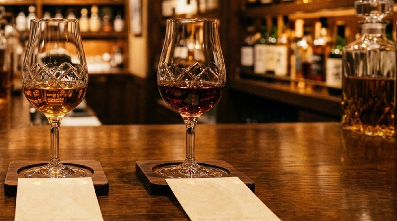 北海道余市蒸餾所博物館付費試飲吧台與威士忌原酒品飲對比情境示意圖