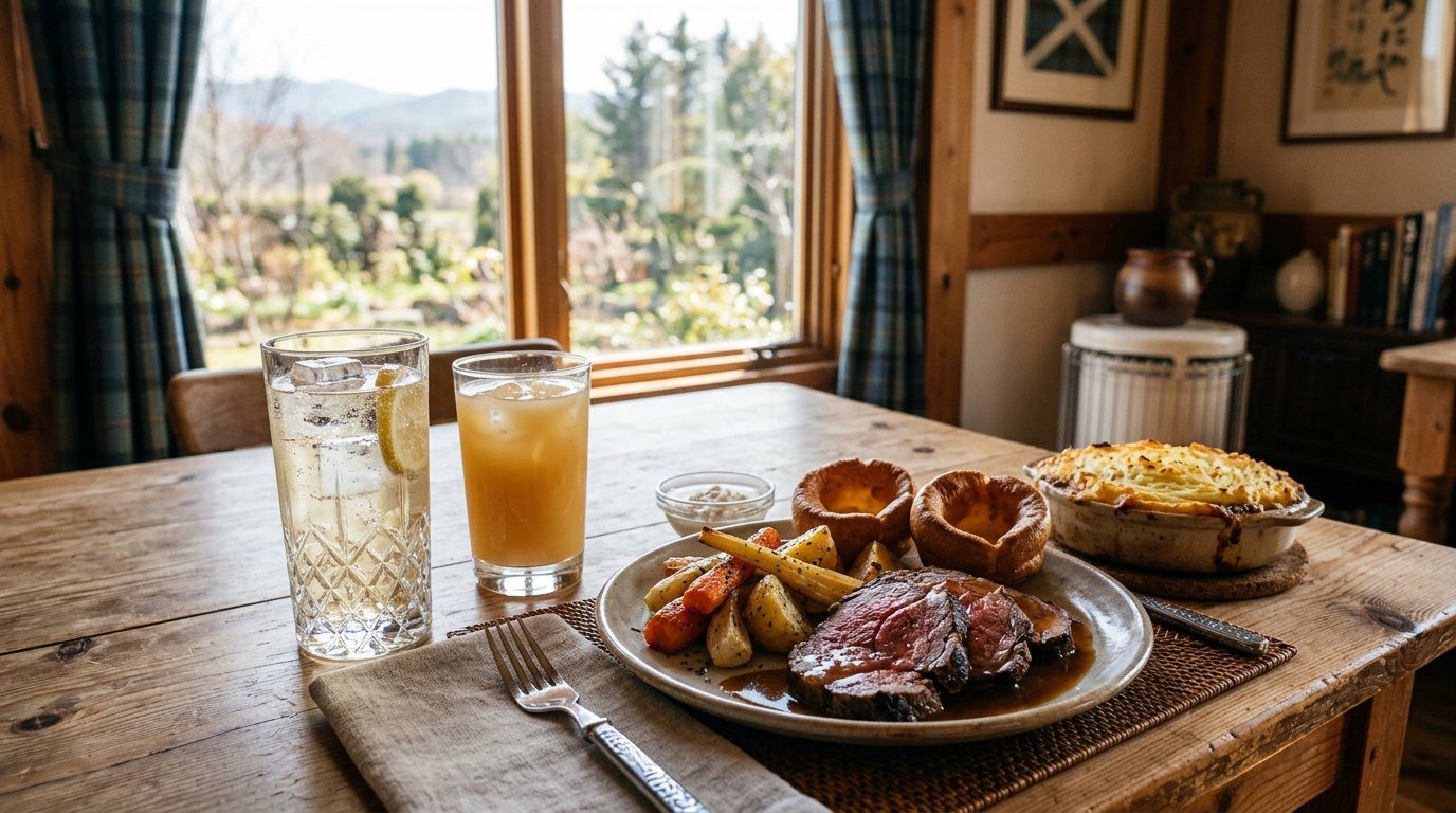 北海道余市蒸餾所RITA's KITCHEN英倫鄉村風餐廳牧羊人派與烤牛肉午餐搭配威士忌Highball情境示意圖