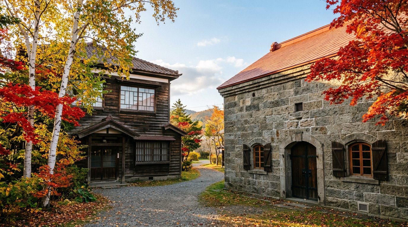 北海道余市蒸餾所舊竹鶴邸和洋折衷木造建築與石造貯藏庫庭園情境示意圖